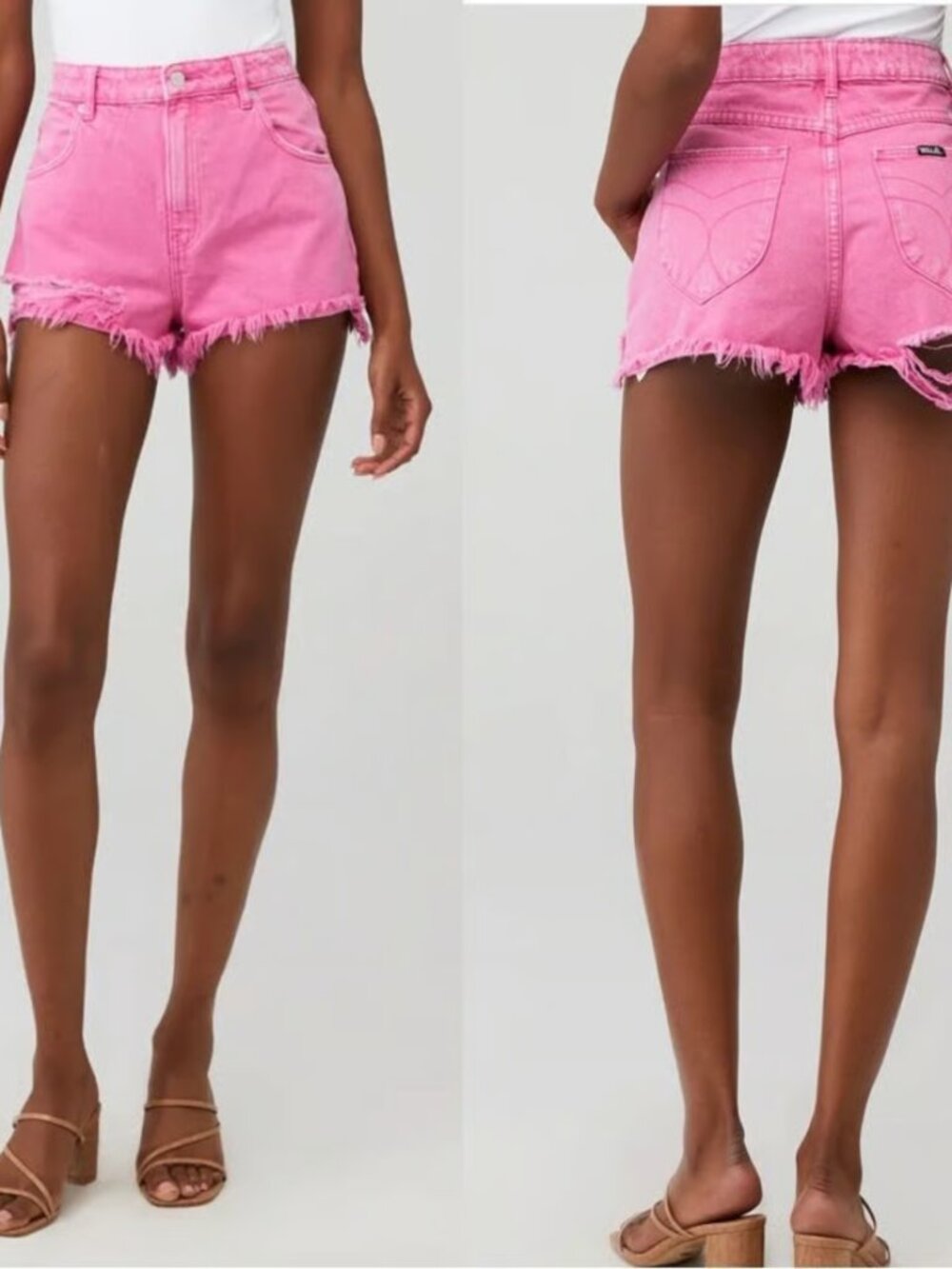 Rollas High Rise Slim Hot Pink Denim Shorts - distressed with frayed edges